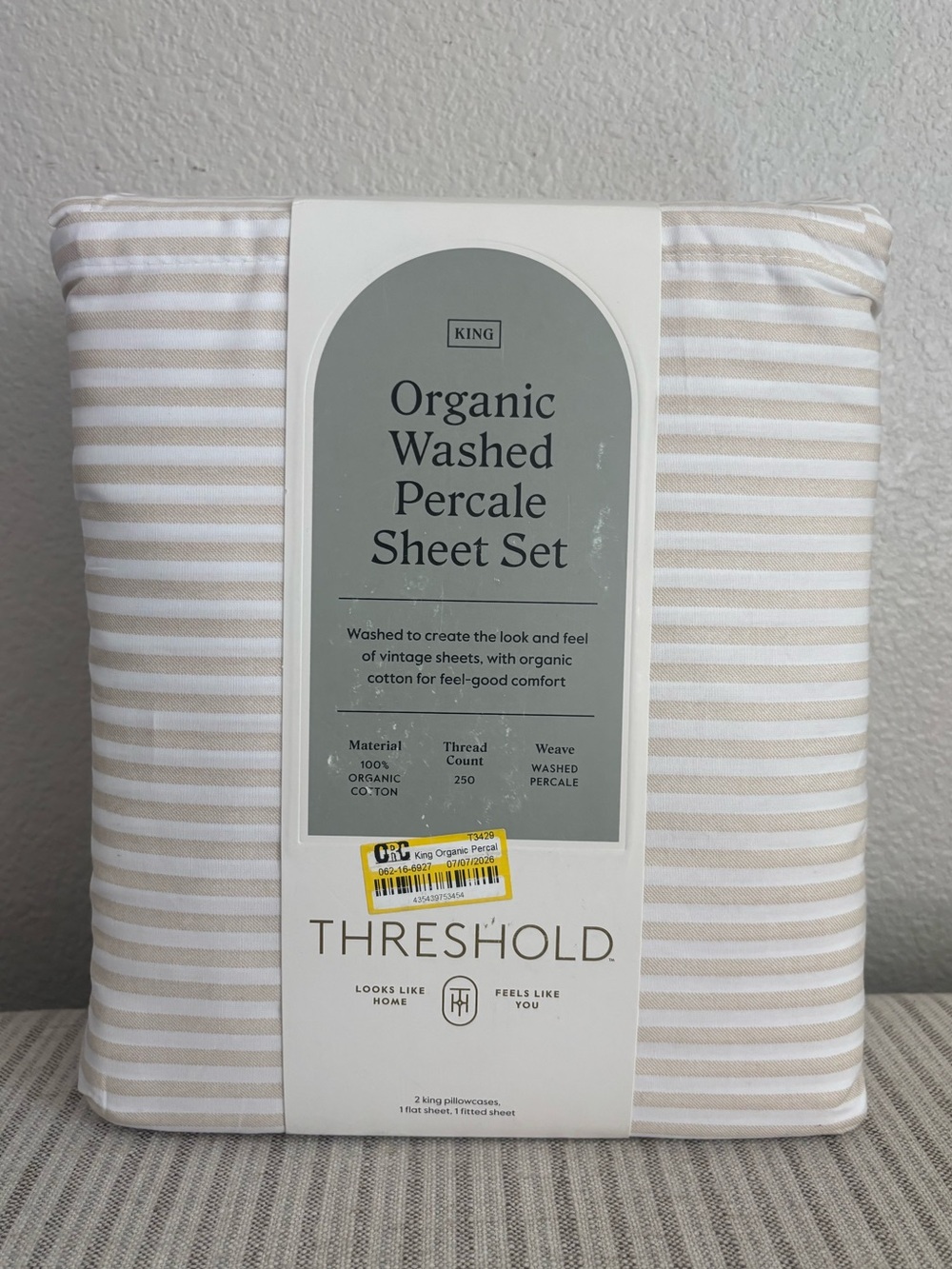 NWT King Organic Percale Sheet Set Khaki/White Stripe - Threshold